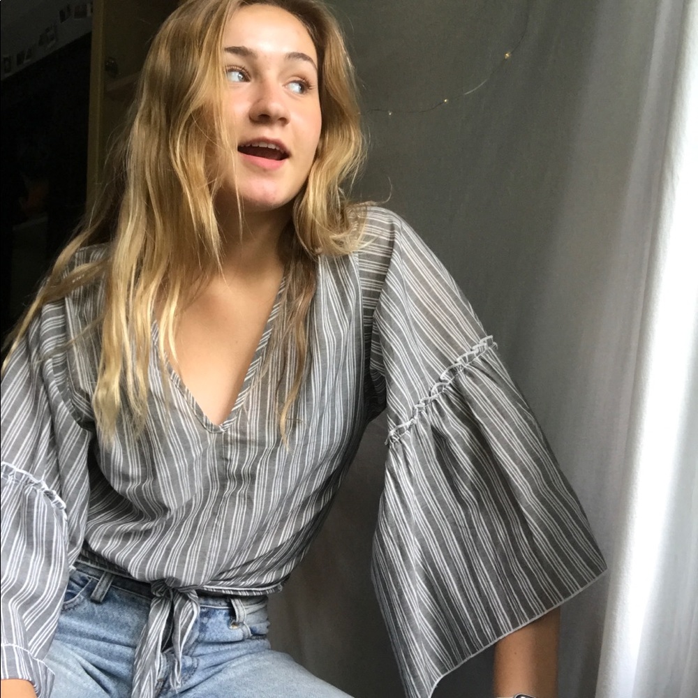 Grey and White Striped Bell Sleeve Top